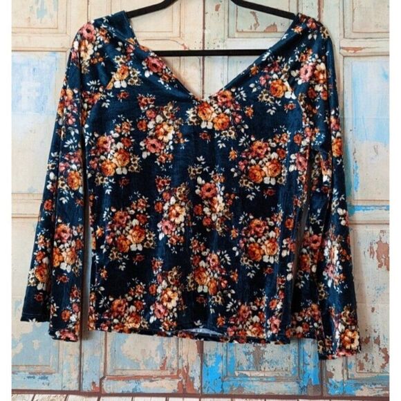 ProBlue Womens Size XL Navy V-Neck Long Sleeve Floral Pullover Blouse Top - Picture 3 of 8